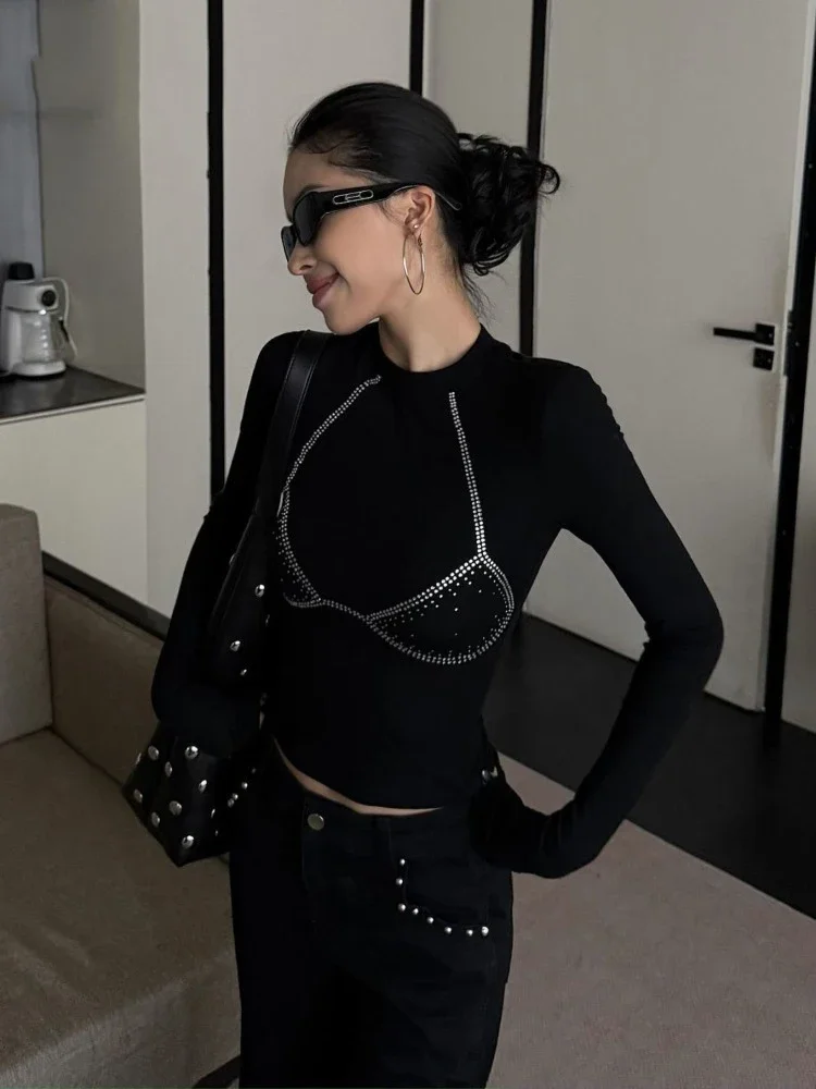 Women T Shirts Vintage Hot Drill Sexy Slim Autumn New Fashion Crop Tops Y2k Grunge Sexy Female Casual Tee Shirt