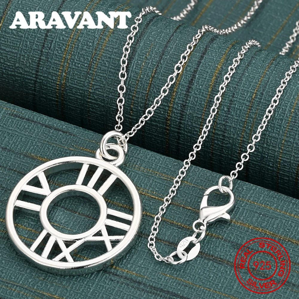 925 Sterling Silver Roman Numeral Hollow Ring Pendant Necklace Women'S Small Fresh Design Women'S Engagement Jewelry