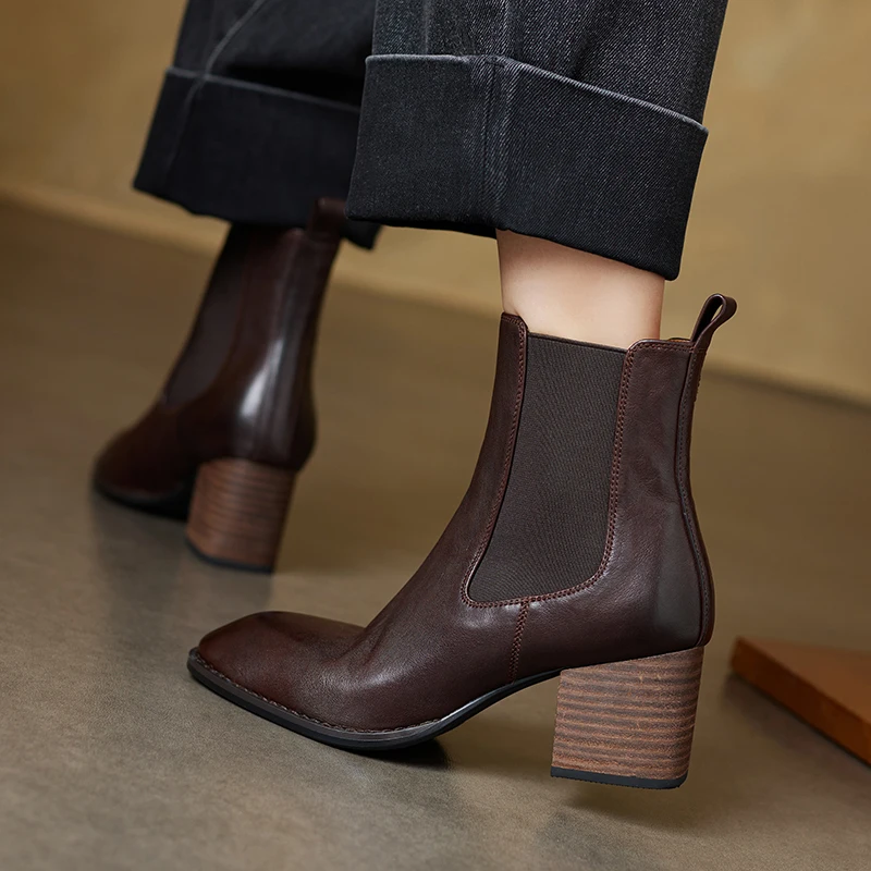 

Woman Cowhide Ankle Boots Elastic Band Genuine Leather Shoes Thick Heeled Round Toe Short Boots Spring Autumn Winter Botas