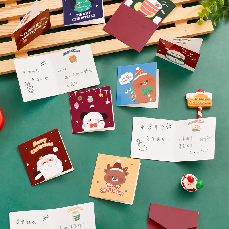 100/200pcs Cartoon Christmas Envelope with Greeting Card Cute Christmas Wish Folding Gratitude Message Cards