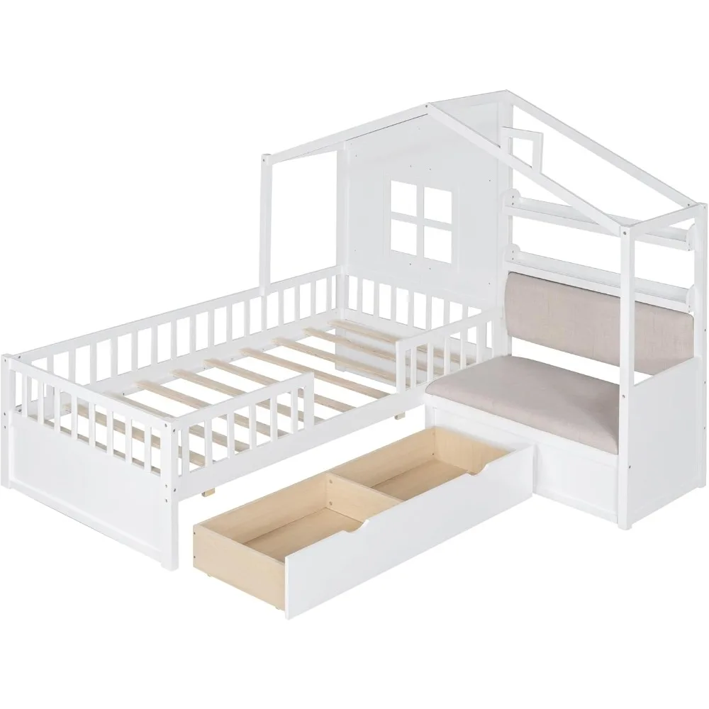 Kids 'Twin House Bed Frame com sofá estofado e 2 gavetas, madeira Montessori cama com armazenamento prateleiras e trilhos de alta, L Shaped