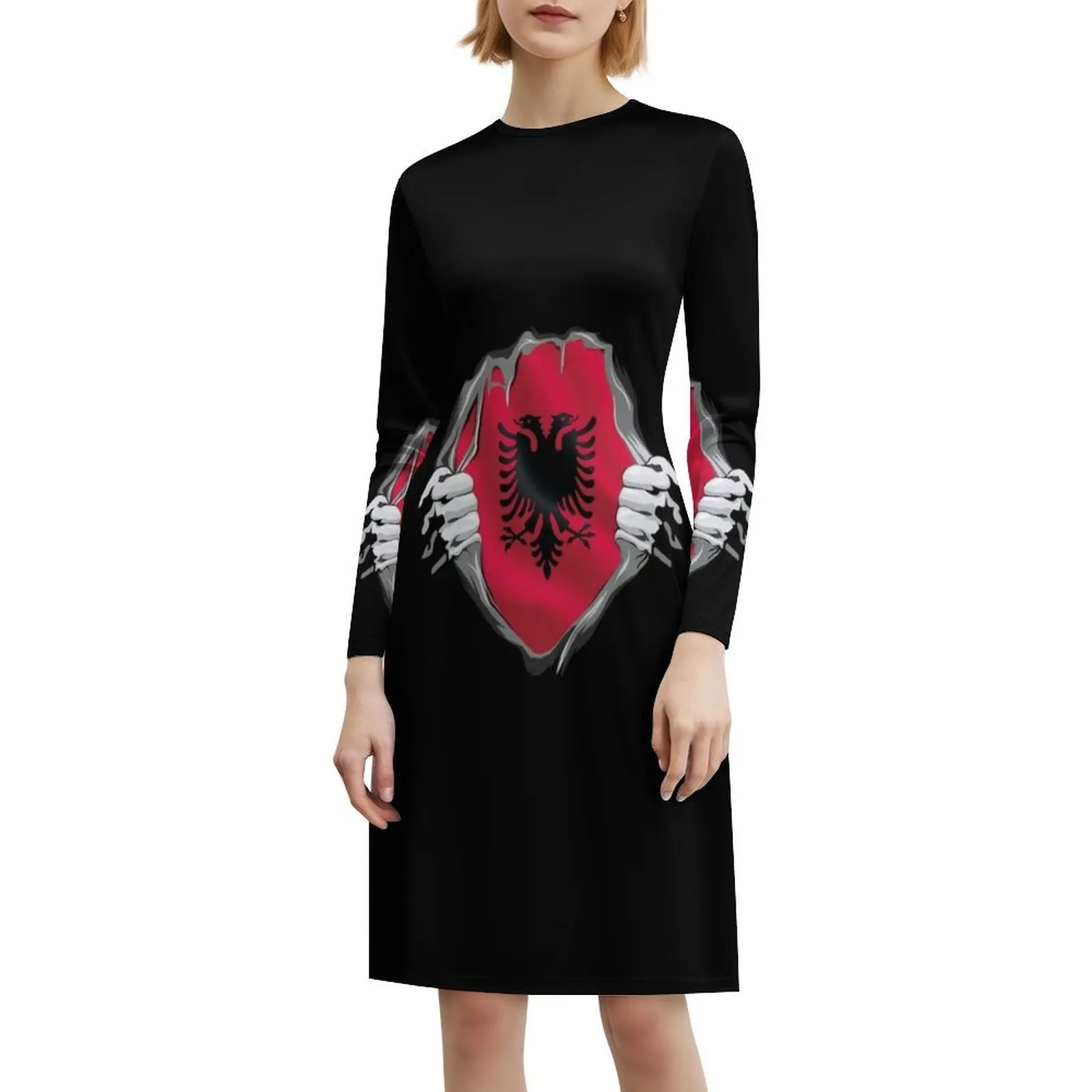 الأيدي ممزق ألبانيا العلم الكورية نمط فستان كاجوال للنساء بسيط اليومية مكتب سيدة فساتين الأيدي ممزق ألبانيا العلم اثنين #6