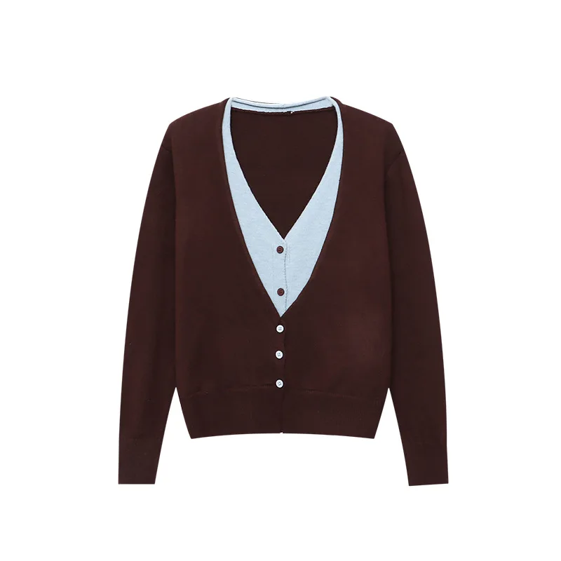 

Вязаный кардиган, свитера, женские джемперы, искусственный слой, цветной блок, V-образный вырез, длинные рукава, однобортный, повседневный, осень-зима 202, осень-зима