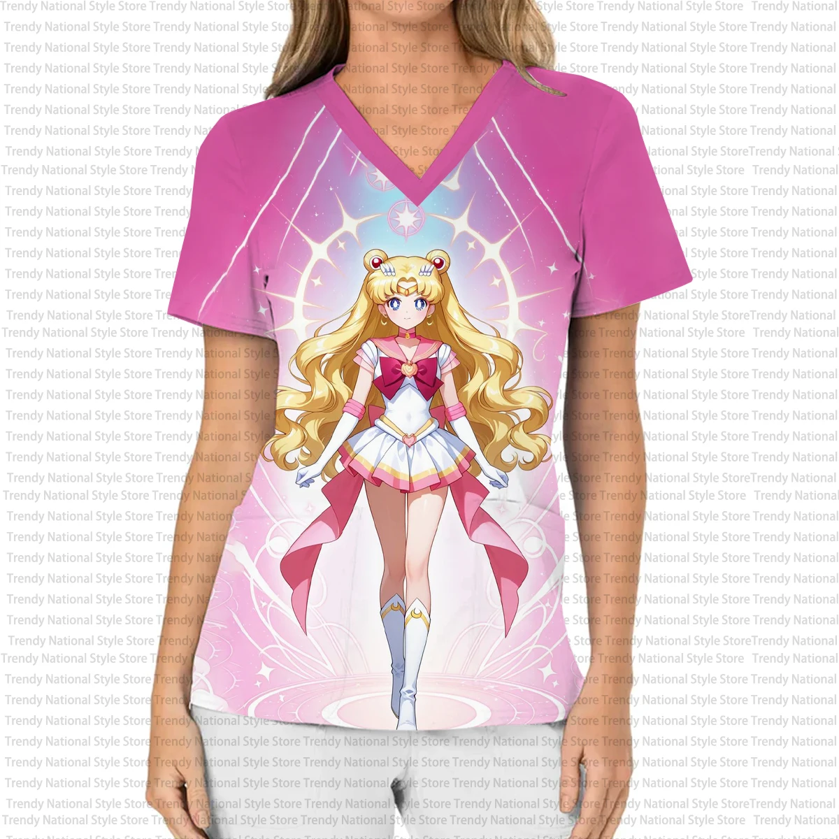 Nuovo abito chirurgico medico da donna, stampa di cartoni animati casual ed elegante, top smerigliato con tasca con scollo a V stile dentista, regalo di Natale