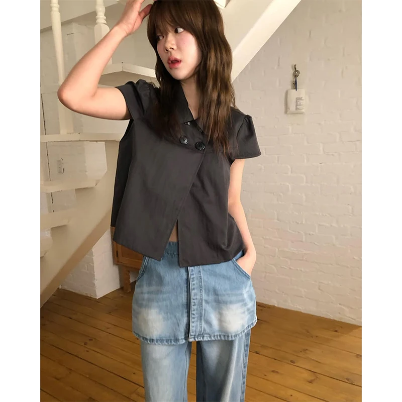 MEXZT Camicie nere vintage Donna Harajuku giapponese Camicette a maniche corte bianche con sbuffo corto Estate Coreano Design casual Top Nuovo