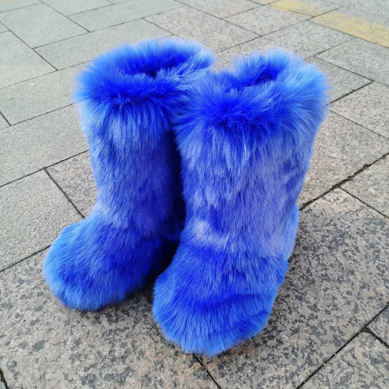 Women's Faux Fur Boot Long Furry Fluffy Snow Boot Mid-Calf Warm Comfortable Outdoor Flat Fox Fur Eskimo Winter Boots Ankle Boots