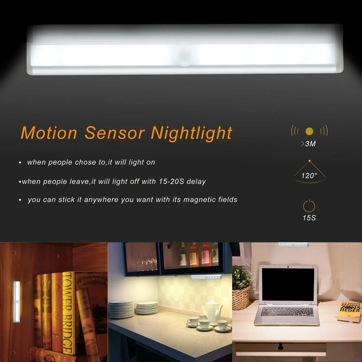 Imagem -05 - Pir Led Sensor de Movimento Luz Noturna Lâmpada para Armário Guarda-roupa Cama Armário Escadas Cozinha Frio Quente Branco