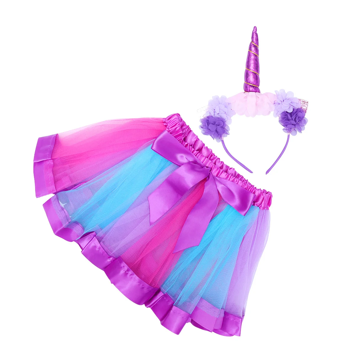 زي يونيكورن للفتيات طقم تنورة قوس قزح أرجواني للأطفال متعدد الطبقات فستان توتو شبكي بخصر مطاطي وحزام قابل للتعديل