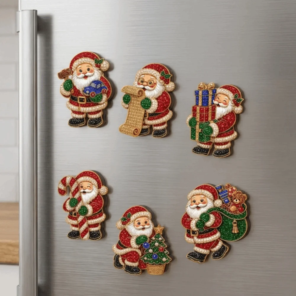 6PCS 3D Santa Claus Diamond Painting Fridge Magnet Acrylic Full Drill Diamond Diamond Painting Refrigerator Magnet