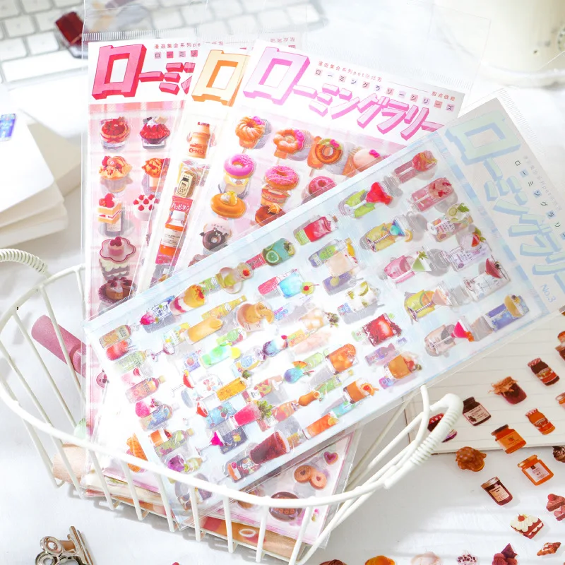 6pcs/set Cartoon Delicious Food Drinks Bread Donuts Cream PET Stickers for Phone Case Hand-account Scrapbooking Graffiti Paster