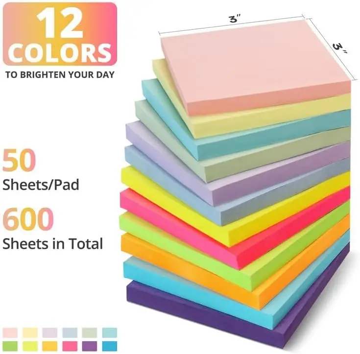 Sticky Notes 12 Pads 3x3 inches Colorful Self-Stick Note Pads Perfect for Office Study and Daily Life Organization Soft Color