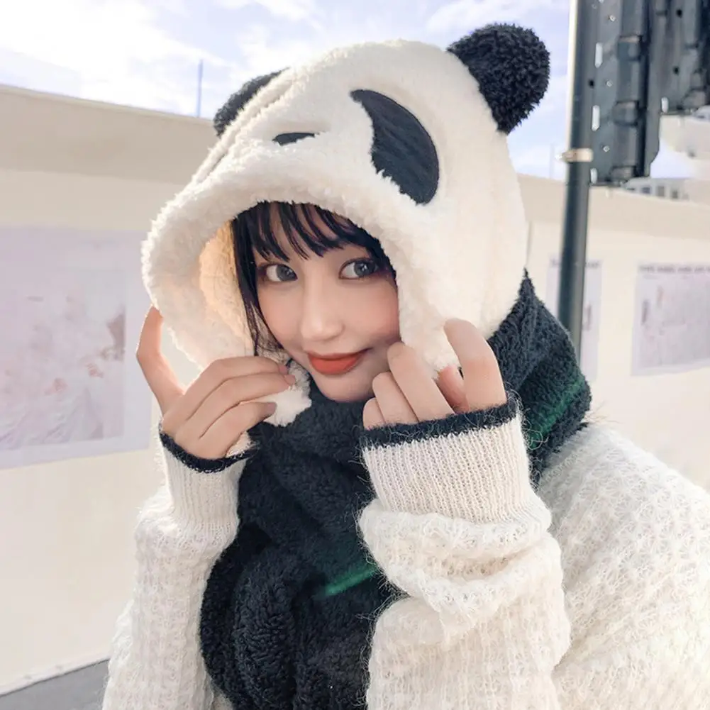 Plush Hat Cute Panda Shape Bear Claw Decor 3 in 1 Keep Warm Thickened Windproof Winter Women Scarf Gloves Cap for Outdoor