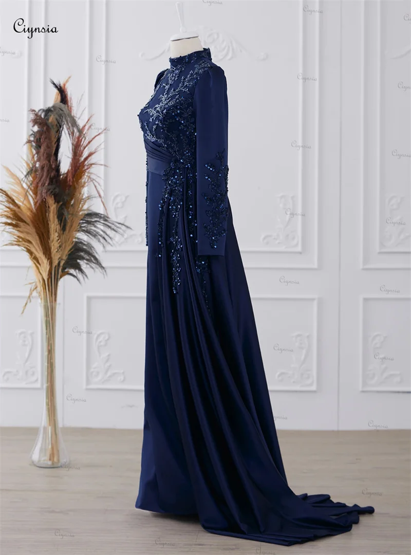 Ciynsia Abendkleider Luxus 2024 Hijab Evening Dress High Neck A-Line Satin Beaded Lace Formal Dress Party Elegant فساتين السهرة