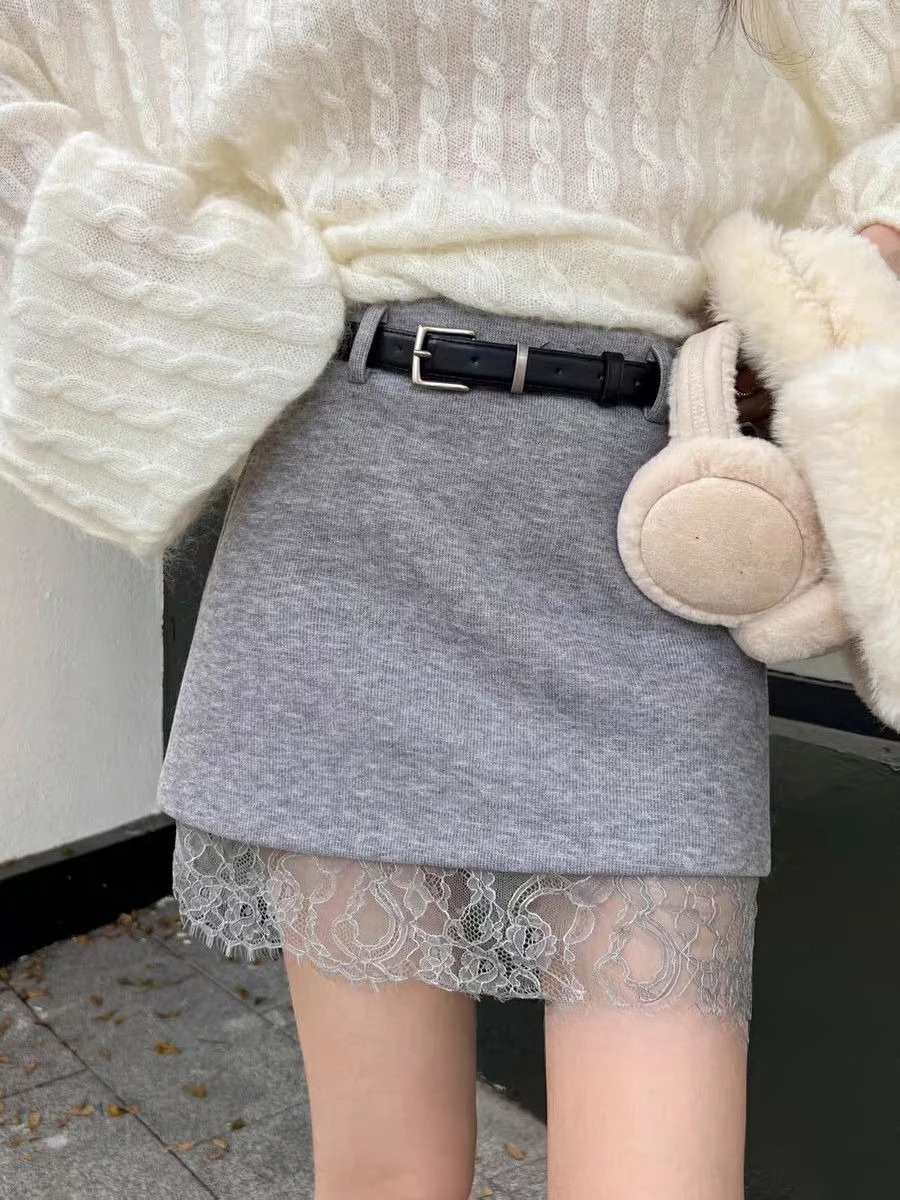 

2024 Autumn and Winter New Design Sense Patchwork Lace Edge Skirt Niche Versatile Casual Slimming