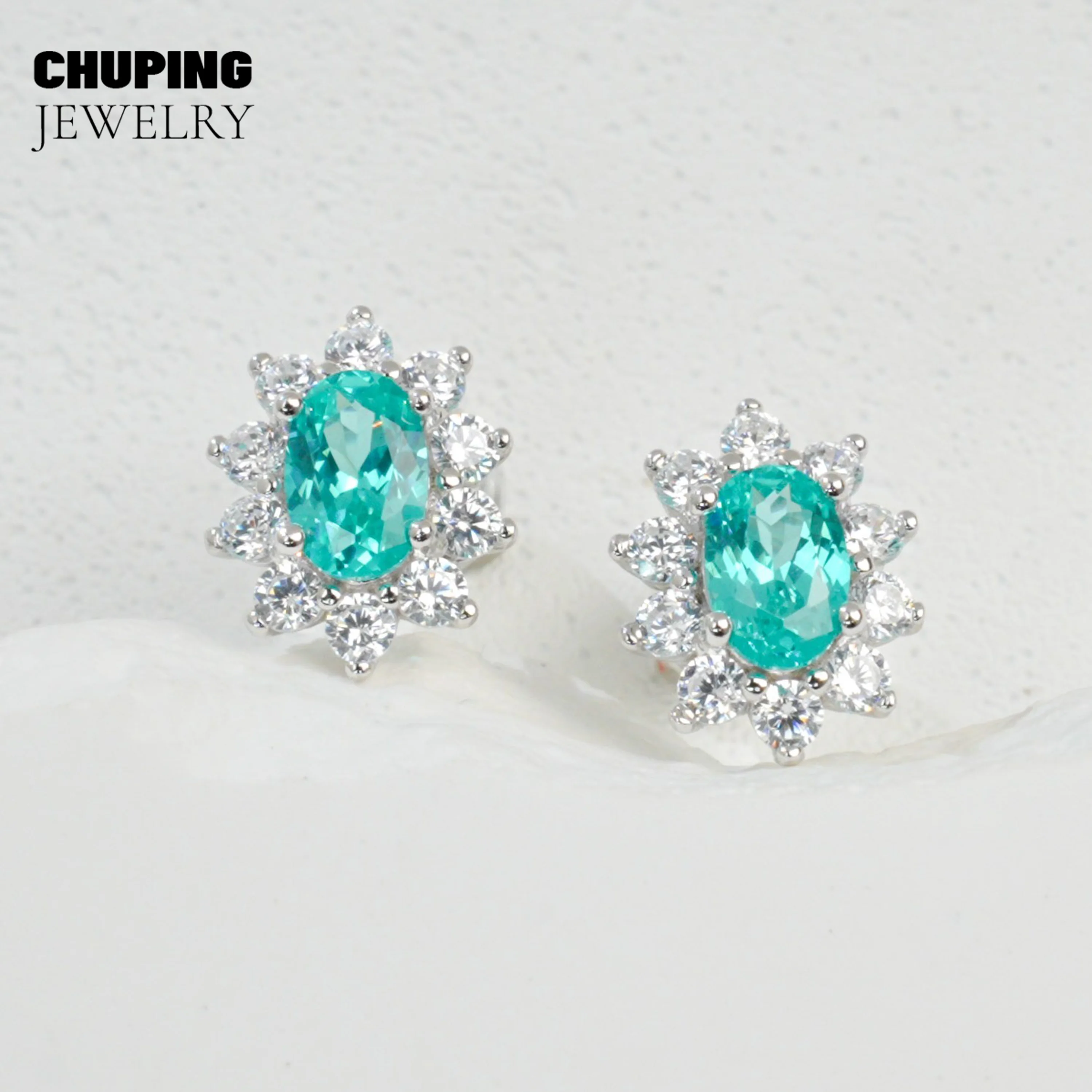 

Chu Ping Fashion Jewelry Lab Paraiba&Ruby Oval Cut 4*6mm 1.5ct S925 Earrings for Women Stylish Dressup Party or Birthday Gift