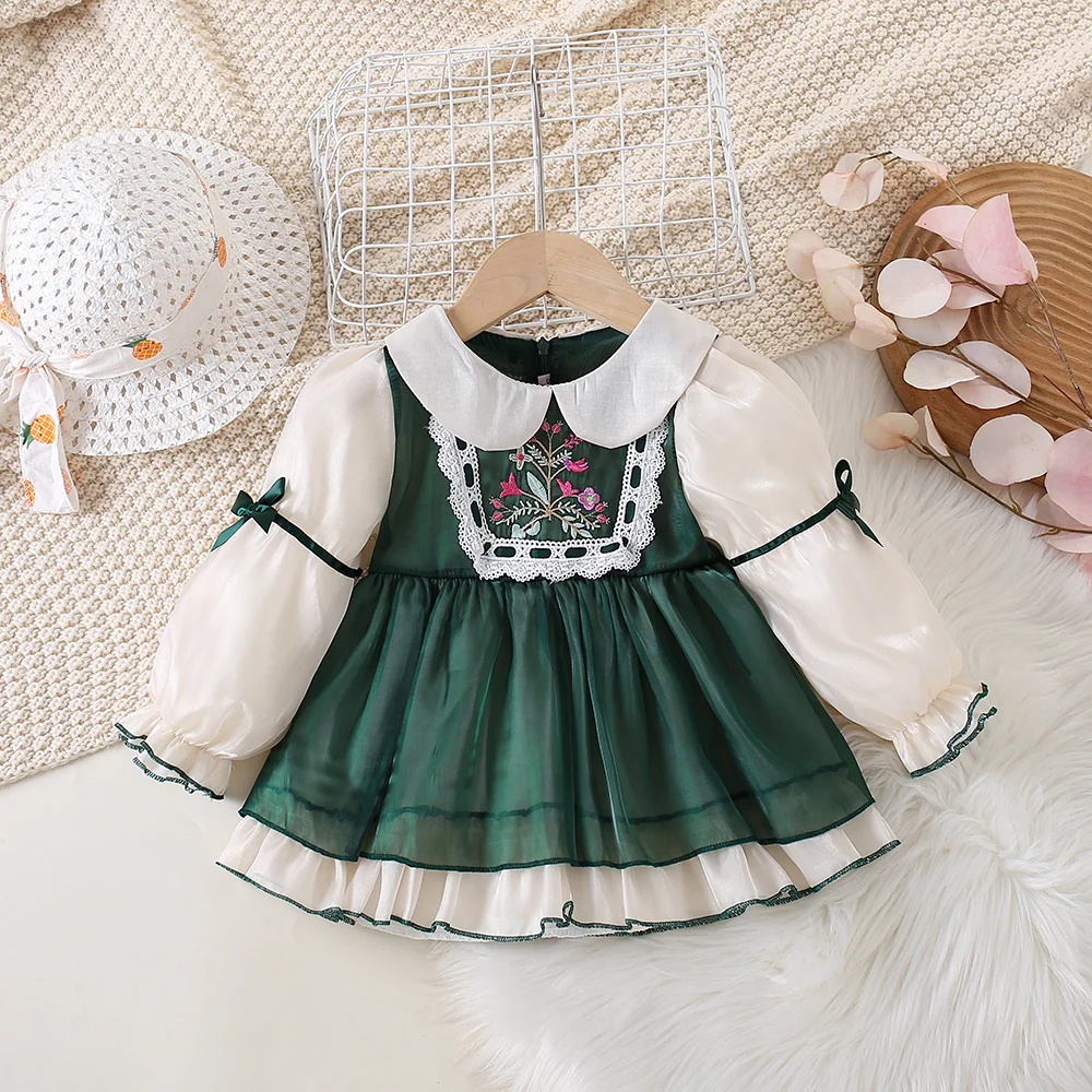 

Spring And Autumn New Flower Embroidered Baby Girl Dress, Cute Bow Bubble Long Sleeve Children'S Clothing For 9 Months - 3 Years