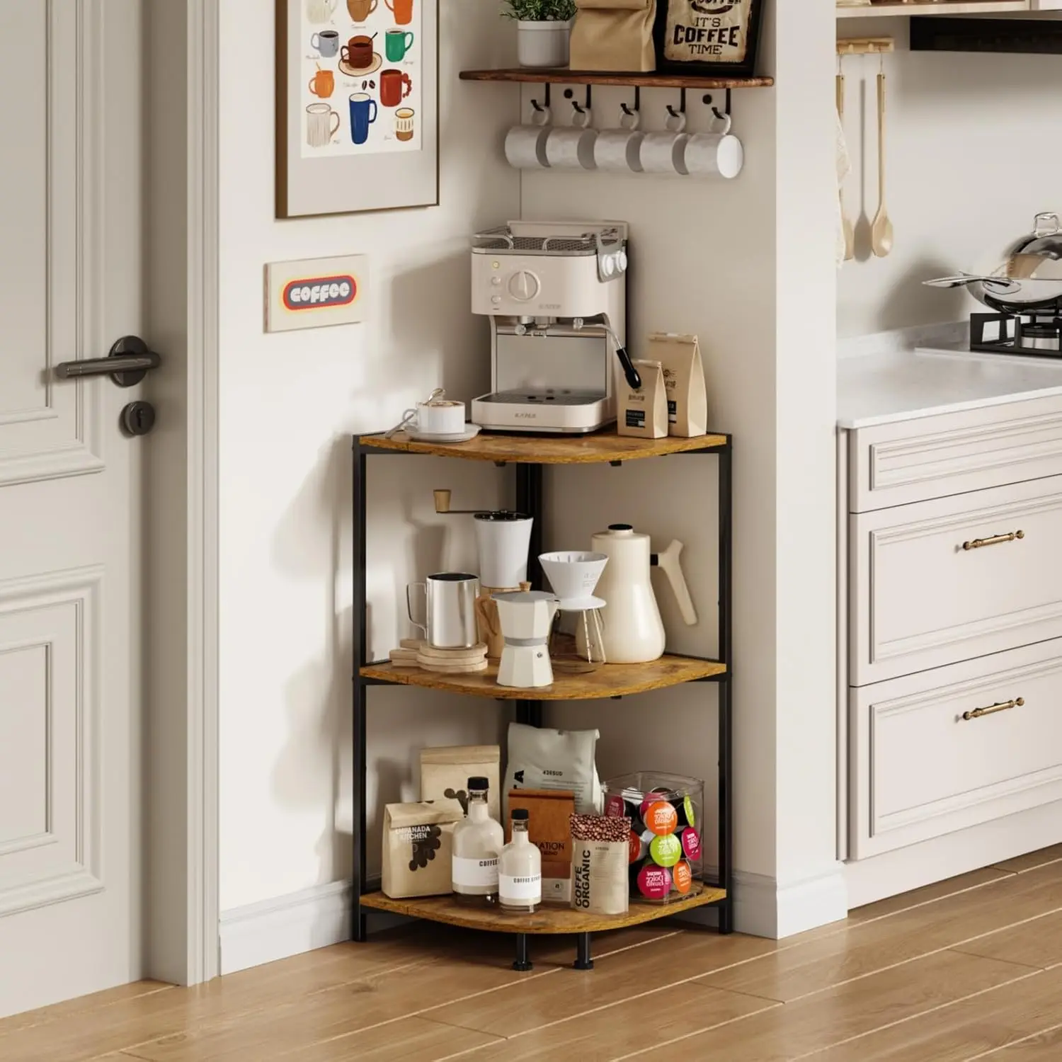

Coffee Bar Shelf, 3-Tier Corner Coffee Stand with Storage Shelf 16.34" Countertop, Rustic Wood Bar Station with Adjustable Feet