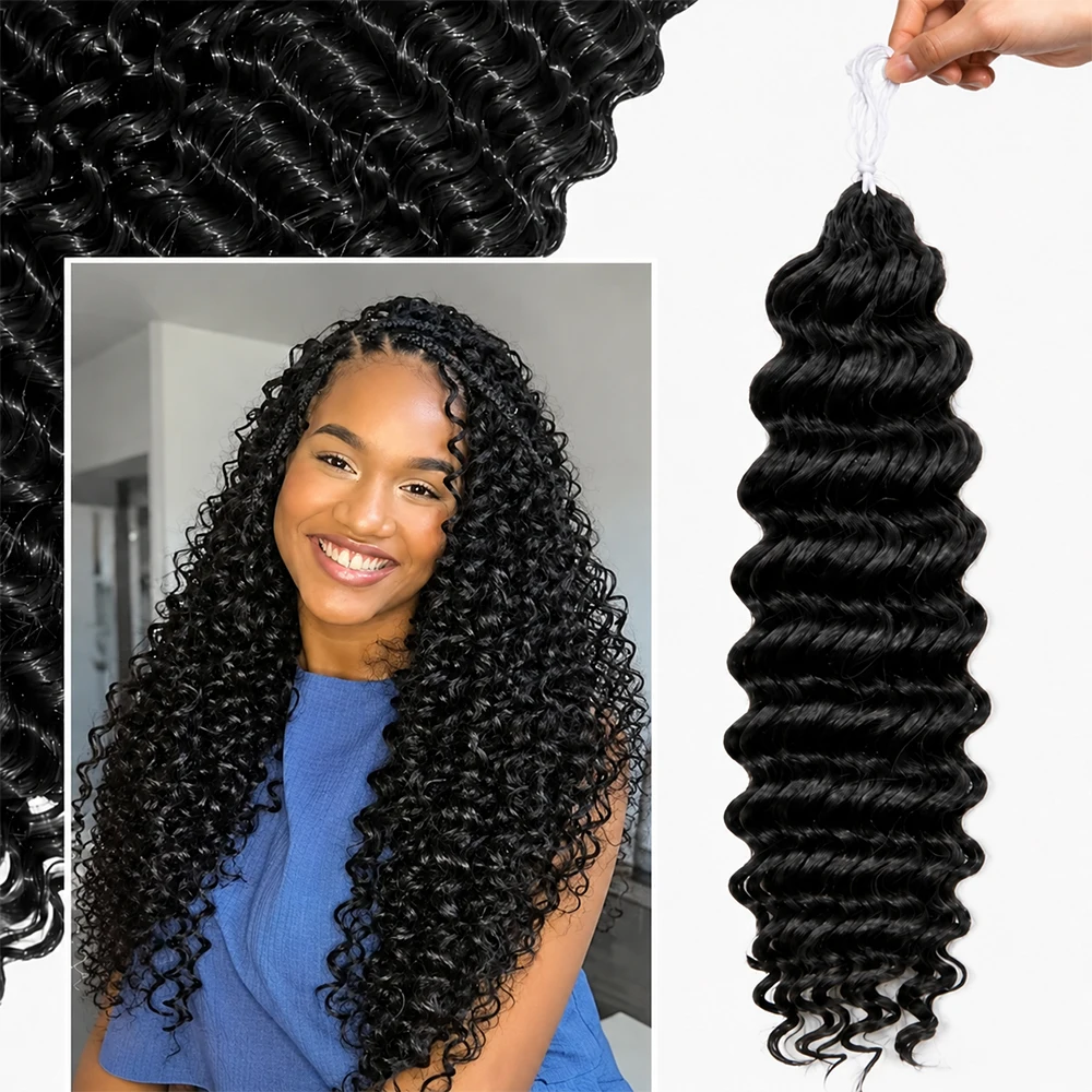 12A Water Wave Deep Curly Feather Crochet Human Hair Extensions Pre Separated Miracle Knots Invisible Knotless Braiding Hair With String Soft Natural Texture Lightweight Reusable Boho Hair For Women