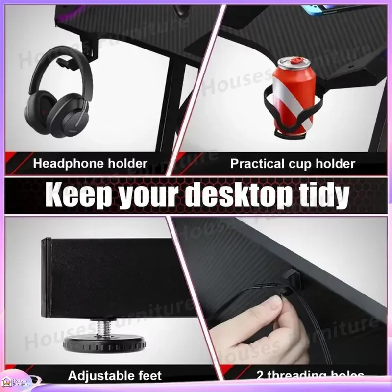 Black Ergonomic Gaming Desk with RGB Lighting Cable Management Tray Large Computer Desk for PC Gaming Setup Home Office