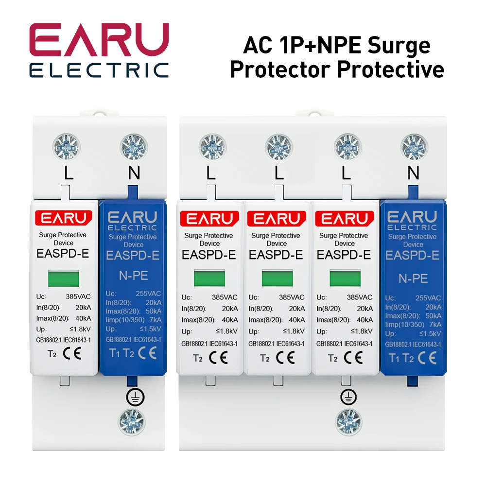 2P 4P AC SPD 1P+NPE 20KA 40AK 50KA T1 T2 275V 385V House Surge Protector Protective Low-voltage Arrester Device