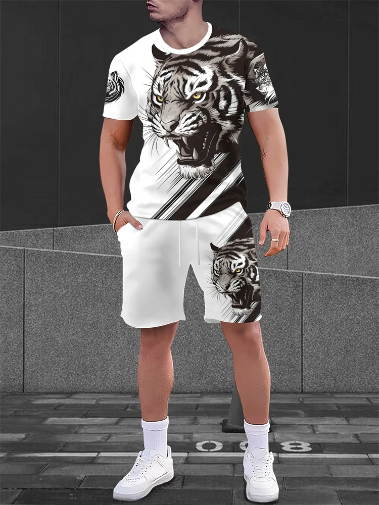 

Summer Fashion Animal Tiger 3D Print T-Shirts Shorts Sets Men Tracksuits Oversized Short Sleeve T Shirt Pants Set Suits Clothing