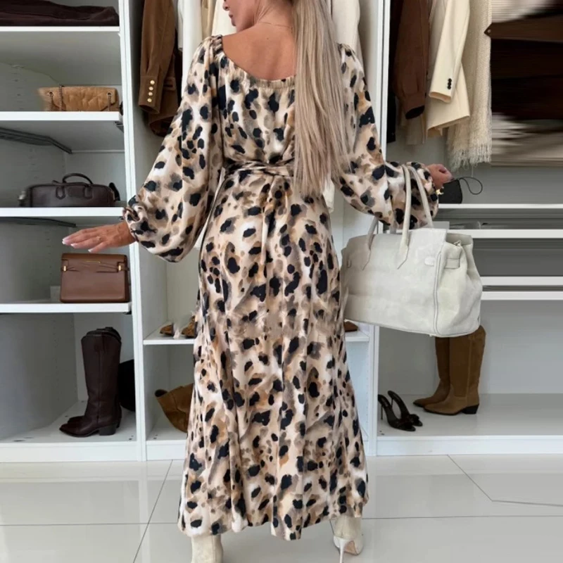 Vintage floral impresso manga longa vestido de festa sexy feminino com decote em v amarrar split boêmio vestido outono escritório casual maxi vestidos