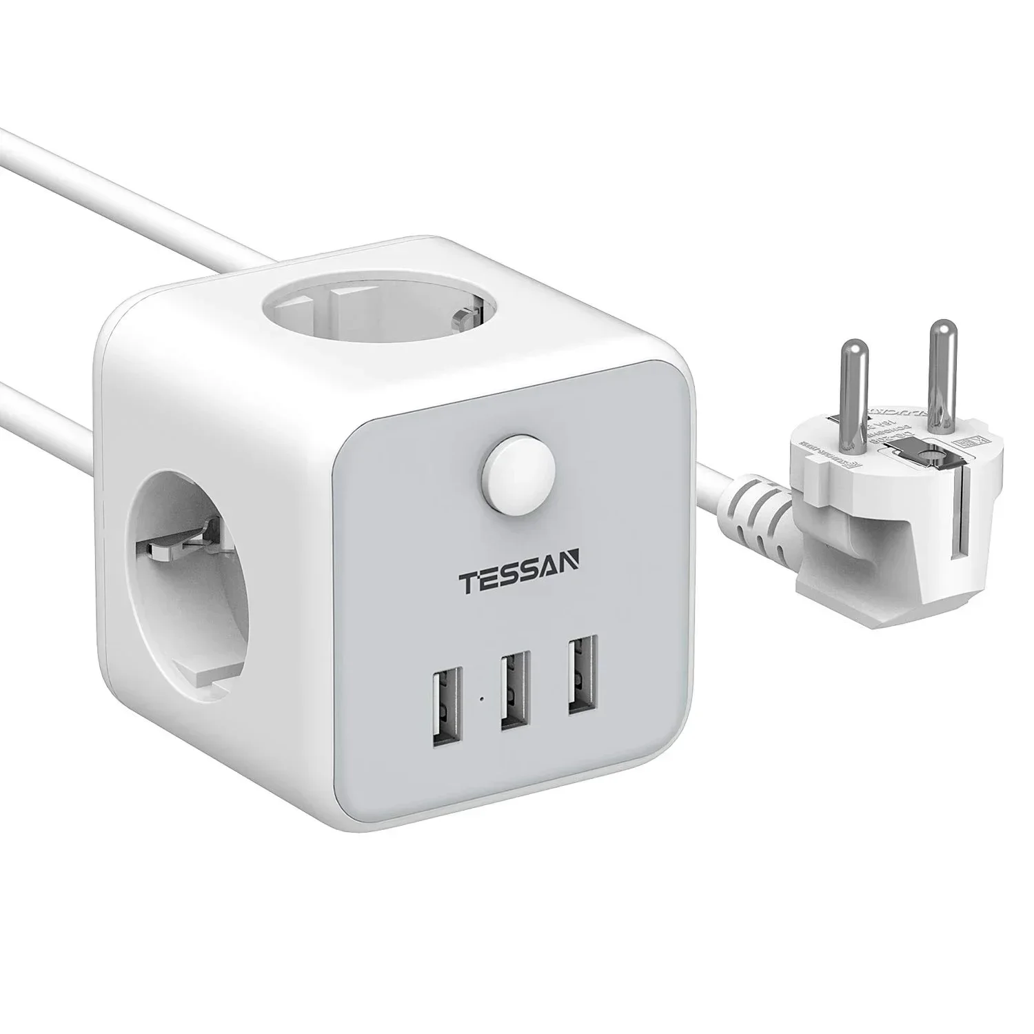 TESSAN Meerdere stopcontacten Stekkerdoos met 3 stopcontacten 3 USB EU-stekker Kubusstopcontact met schakelaar 1,5 m verlengkabel voor thuis