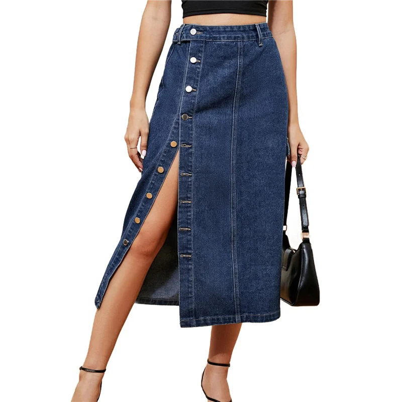 

A09P Women's Casual High Waist Denim Mid Skirt Slit Button Up Jean Skirts With Pockets