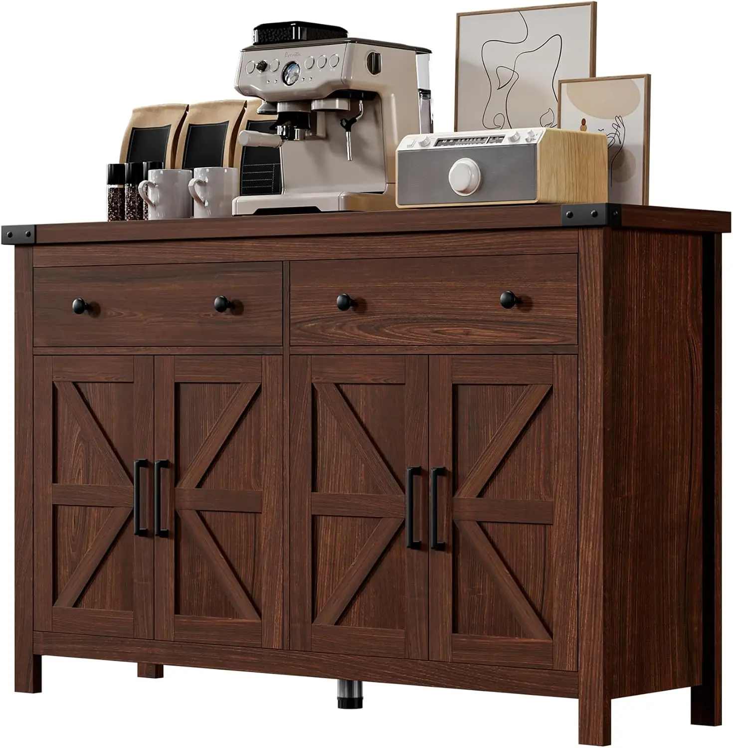 Large Buffet Cabinet With Storage, Kitchen Dining Room Sideboard Console Organizer, Coffee Bar Cupboard With Four Doors And Two Drawers, Farmhouse Style, Cherry Wood, One Piece Set