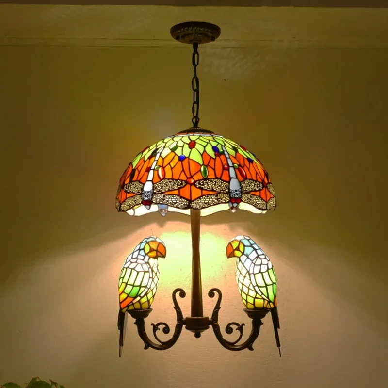 SAMAN Tiffany Parrot Chandelier Vintage Creative Color Glass Living Room restaurant Bedroom Hotel Corridor Pendant Lamp