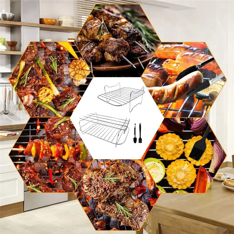 ABKR-Air Fryer Rack สําหรับ Ninja Dual Air Fryer,ชั้นวาง 2 ชิ้น 4 Skewers,แปรงและคลิป, สําหรับตะกร้าคู่ Air Fryers