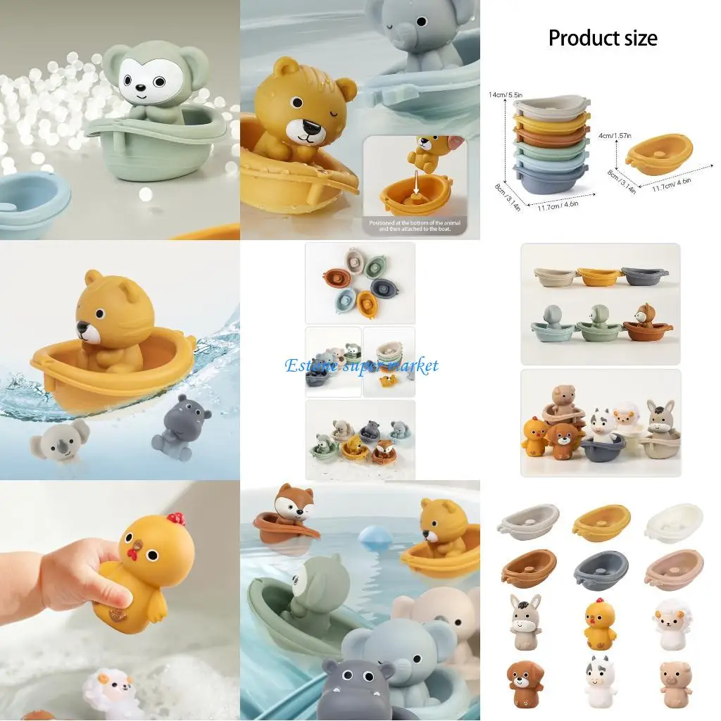 

090B Floating Bath Toy Farm Animal Theme Stacking Boat Bath Playset Kids Bathtub Toy