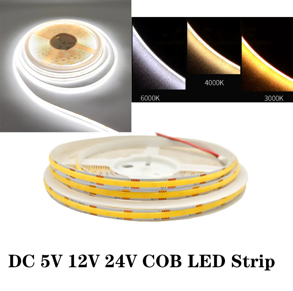 3MM 5MM 8MM PCB DC 5V 12V 24V COB LED Strip 320 384 480 528LEDs/m High Density Flexible COB LED Tape Light Bar Linear Light