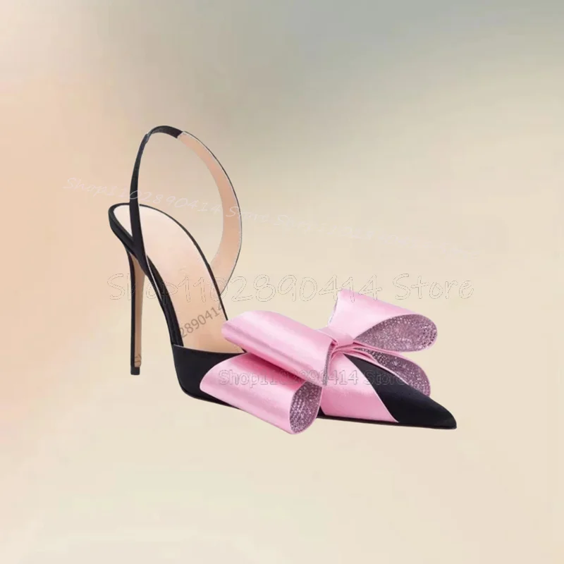 

Pink Bow Knot Decor Black Pointed Toe Pumps Slip On Women Shoes Thin High Heels Fashion Party Banquet 2024 Zapatos Para Mujere