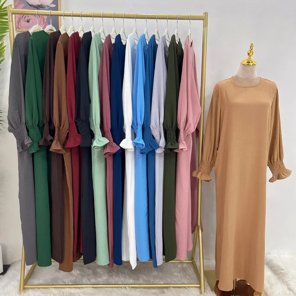 Vestido Abaya Muçulmano para Mulheres, Eid Abaya, Punhos Simples Smocked, Vestidos Longos de Oração, Crepe Abayas, Roupas Islâmicas de Luxo Dubai