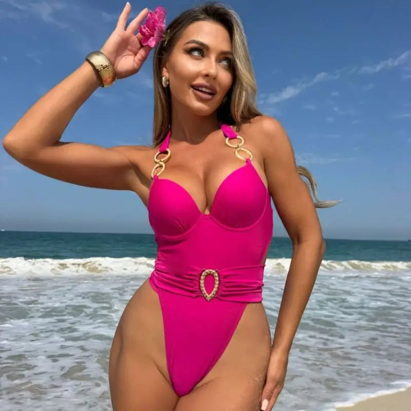 

Cikini Solid Color Camisole Strapless One-Piece Swimsuit For Women, Featuring One-Piece Waist Belt