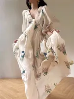 Vintage Fashion Printing Dress Cotton Linen Large Hem Loose Design V-neck Short Sleeves Women Dresses