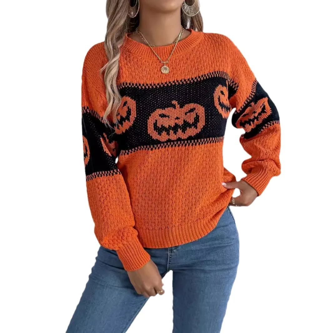 

2025 Autumn Winter Women's Sweater Tops Sweaters Halloween-themed Pumpkin Head Contrasting Color Long-sleeved Pullover Sweater