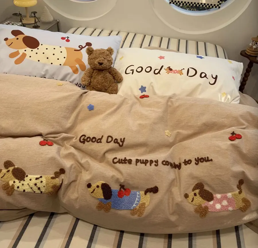 Cute embroidery dog dachshund brown stripe bed set,twin full queen king lovely cotton home textile sheet pillow case quilt cover