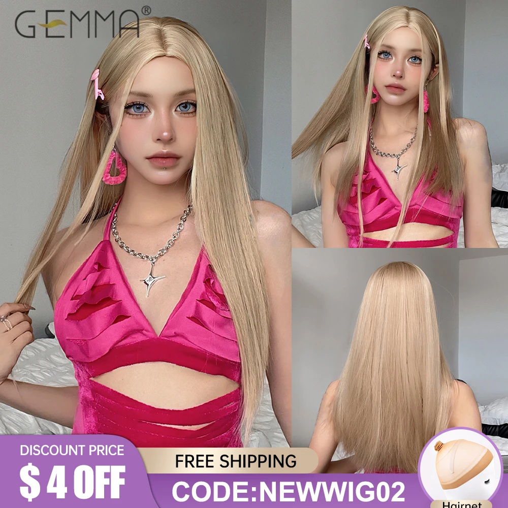 Synthetic Warm Blonde Long Straight Wigs for White Women Middle Part Cosplay Party Daily Natural Hair Heat Resistant Fibre Wig