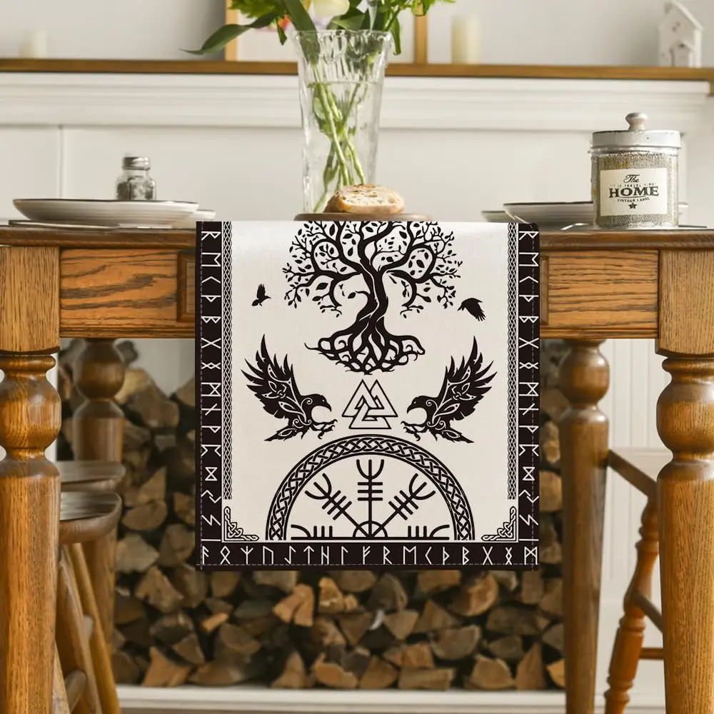 Vintage Viking Raven Helmet of Awe Linen Table Runner Reusable Kitchen Dining Table Decoration for Home Party Decorations