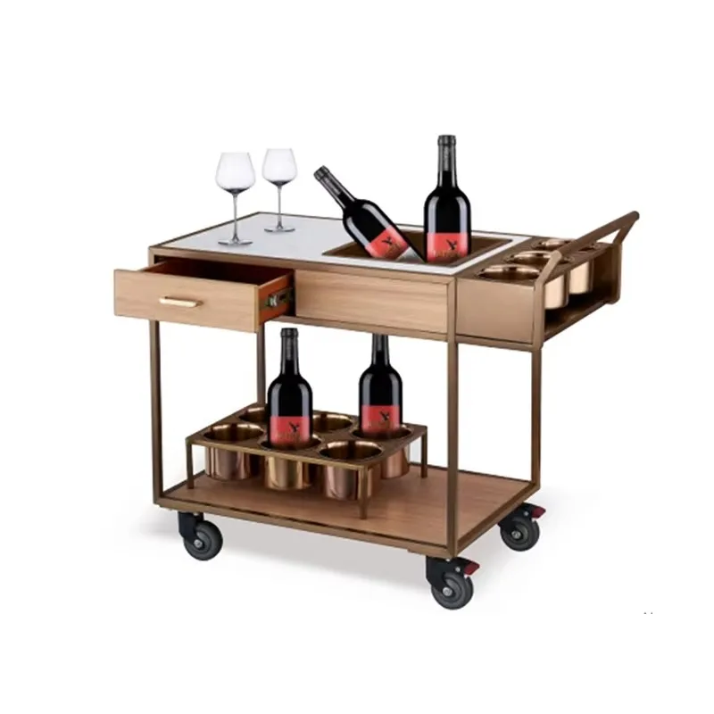 Luxury Rose Gold Mobile Wine Cart Modern Design Beverage Bar Trolley with Ice Plate Bucket Drawer Home Kitchen Dining Room