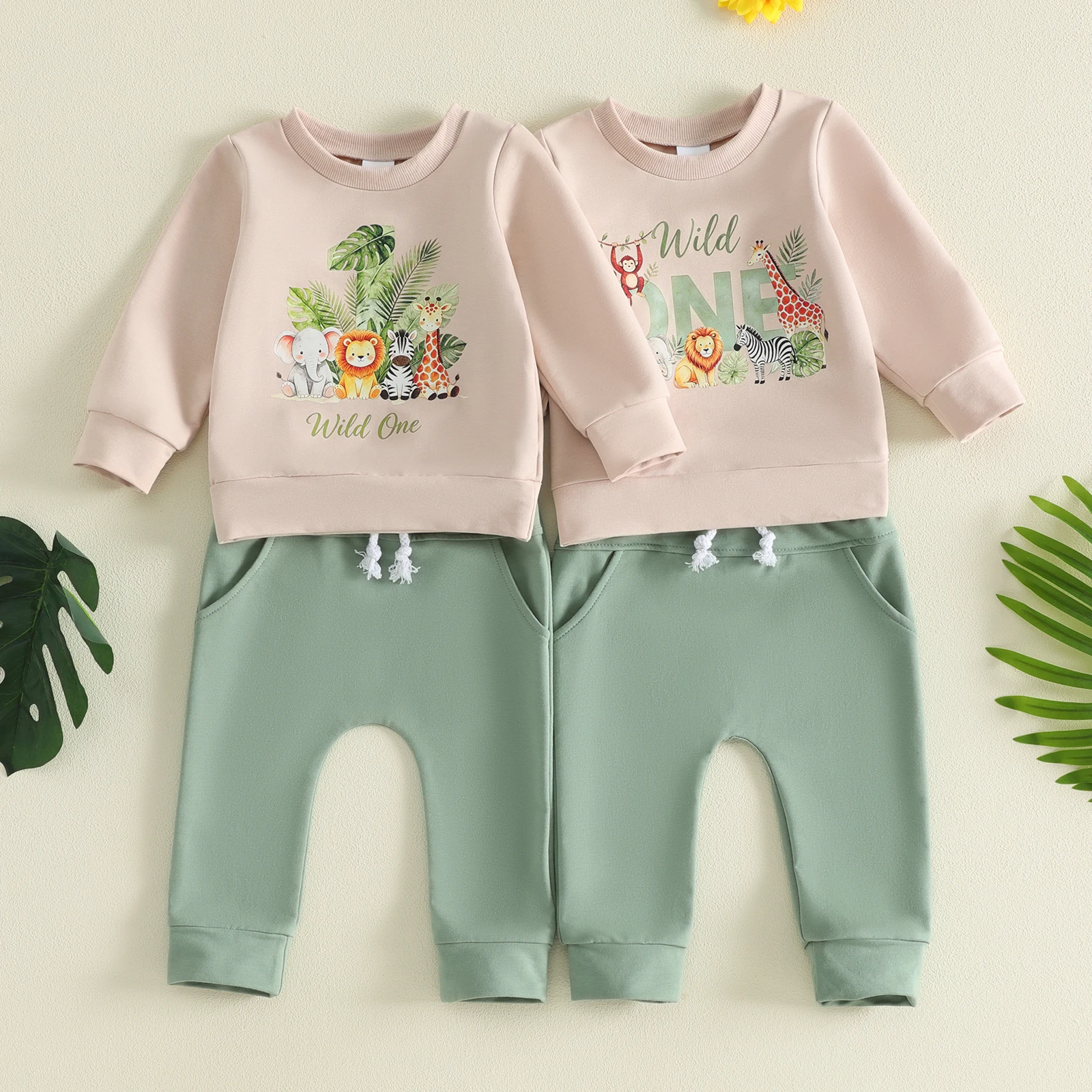 Autumn Toddler Baby Boys Casual Birthday Outfit Crew-Neck Long-Sleeve Animals Printed Pullover Sweatshirt Solid Drawstring Pants