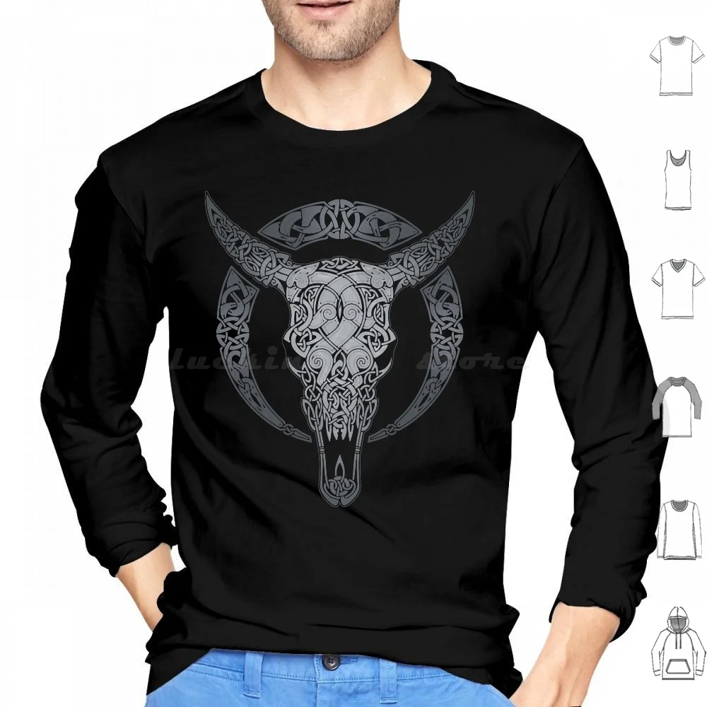 Jotunheimr Hoodies Long Sleeve Vikings Knotwork Skull Bull Skull Nordic Mythology Goats Horns Knots