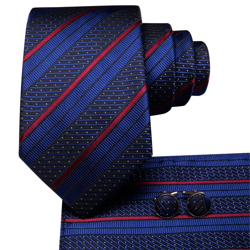 Hi-Tie Designer Blue Red Striped Silk Wedding Tie For Men Handky Cufflink Gift Men Necktie Fashion Business Party Dropshiping