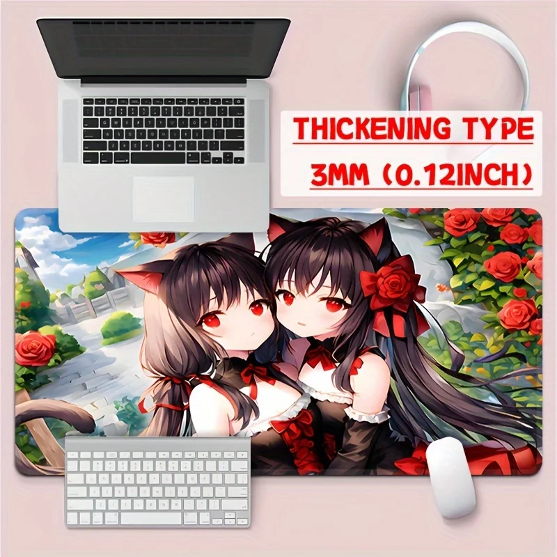 

Large Natural Rubber Mouse Pad, Cute Cat Ear Girl Design, Durable Stitched Edge Non-Slip Desk Mat for Computer PC Gaming