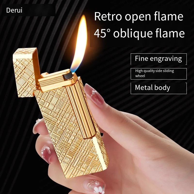 

DERUI High-end Oblique Fire Metal Cigar Lighter Inflatable Gas Exquisitely Carved Side-sliding Grinding Wheel Pipe Lighters Gift