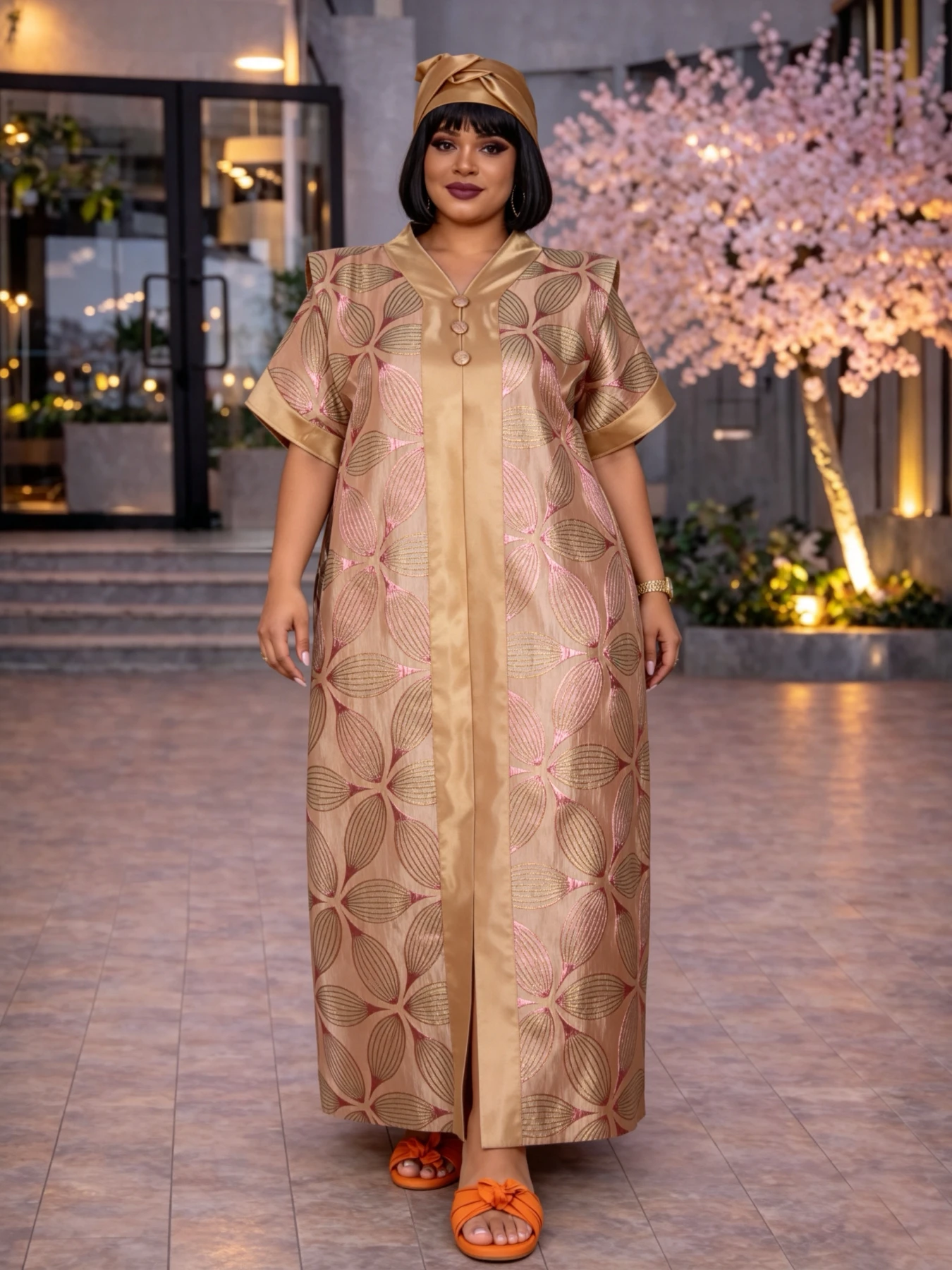 

Breathable Jacquard Satin Abaya Dress Plus Size Islamic Modest Wear Long Flowy Maxi Gown with Waist Tie V Neck Middle East
