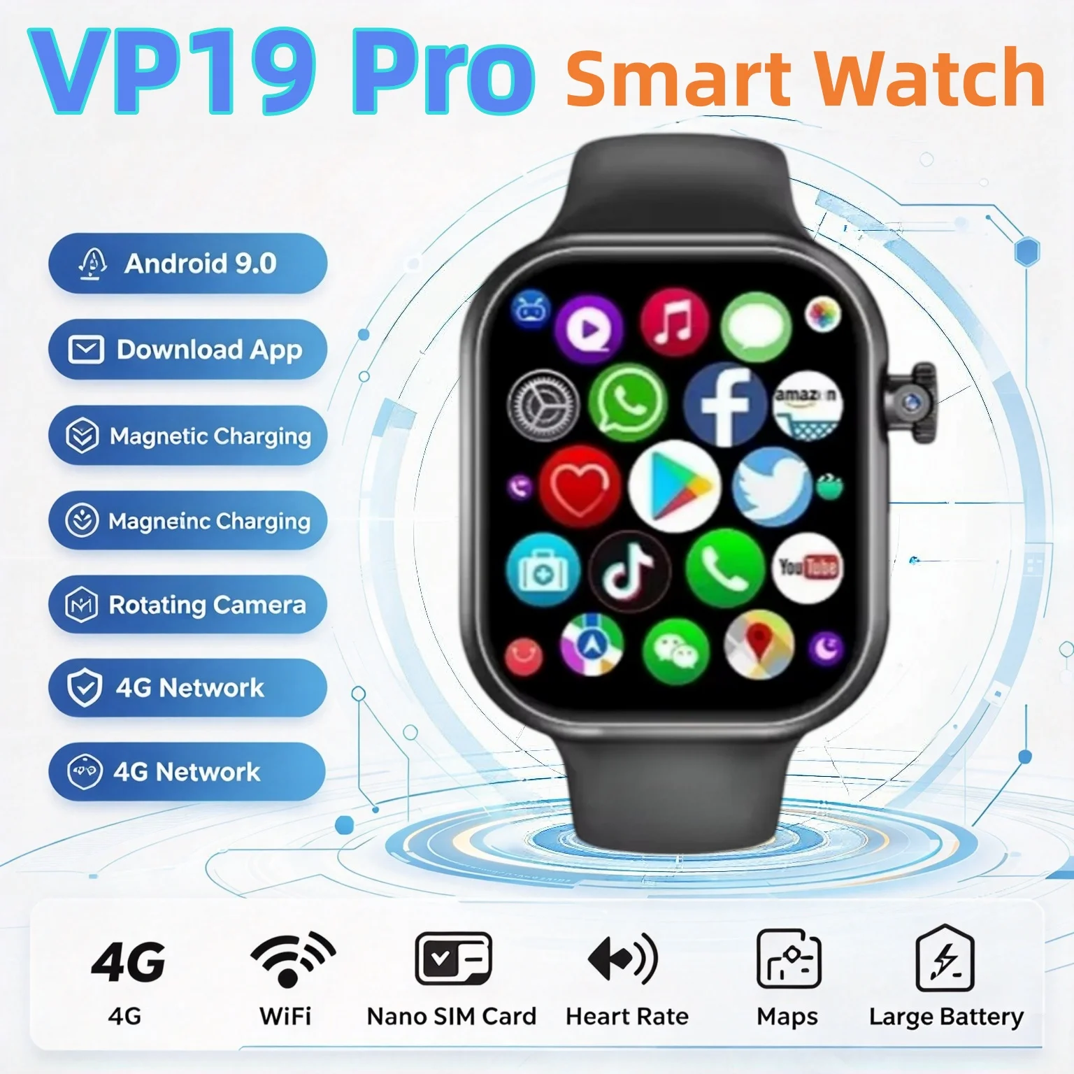 VP19 PRO Android10.0 Smartwatch,180°Rotary Camera,SIM Card Slot,Global Version,AMOLED,GPS WiFi Google Play 4G Men Women Watch
