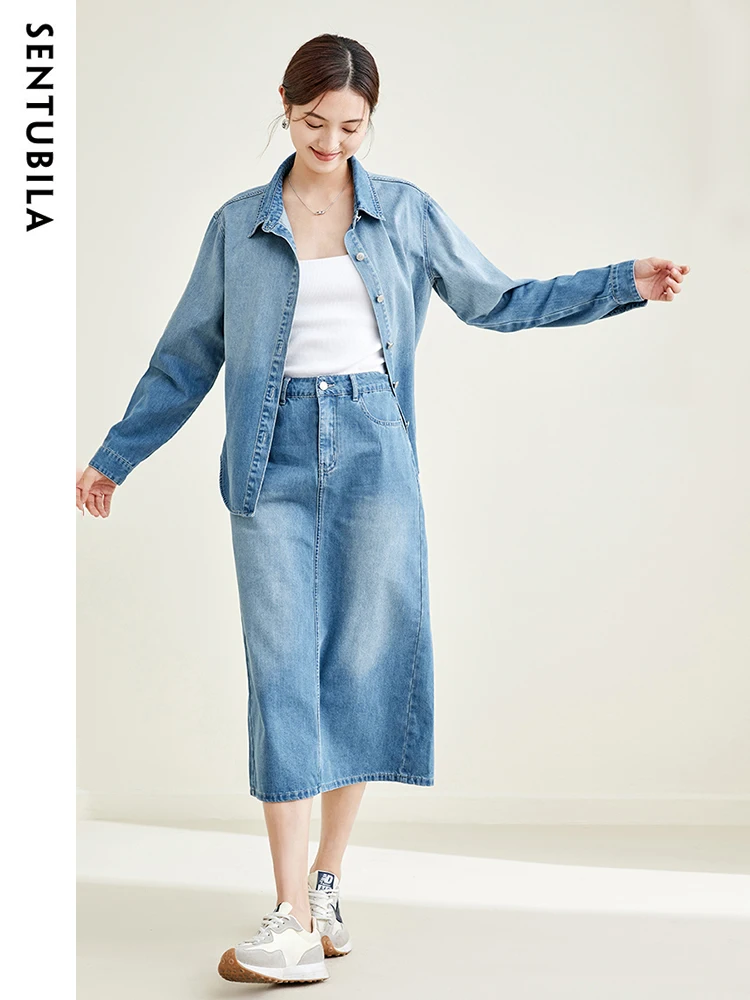 SENTUBILA Denim Skirt Two Piece Sets for Women 2024 Autuman Outfits New in Matching Sets Long Sleeve Denim Shirt Midi Skirt